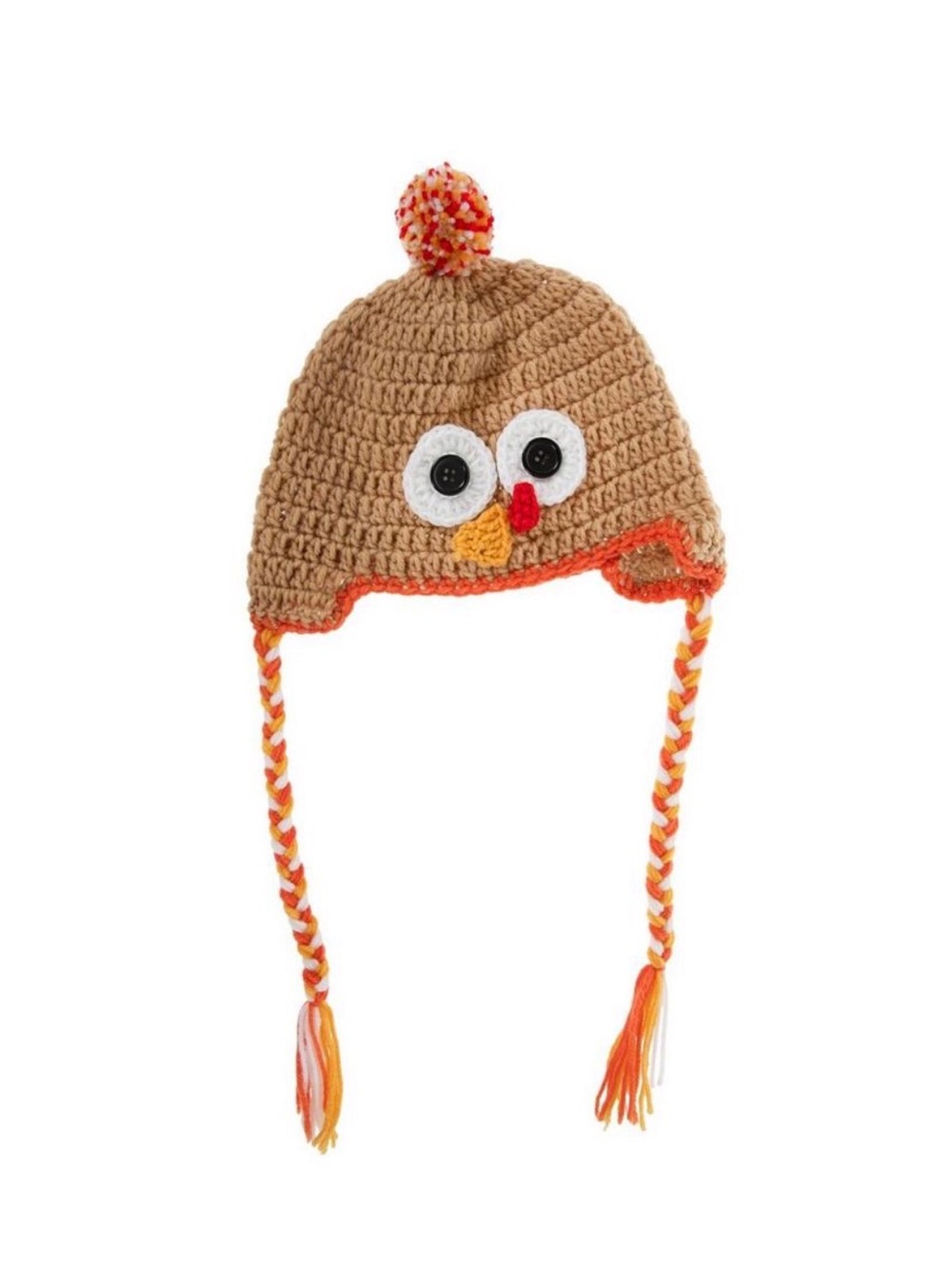 Youth Knitted Pom Pom Turkey Holiday Fall Kids Beanie Orange and Brown